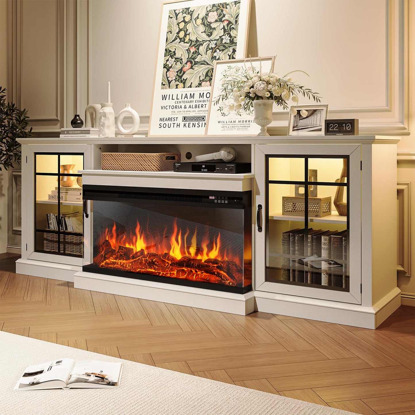 OneBlis 80" Fireplace TV Stand with 3-Sided Glass, TV Cabinet for TVs up to 90", Modern Media Entertainment Center with Farmhouse Glass Door Storage Cabinets, for Living Room, White