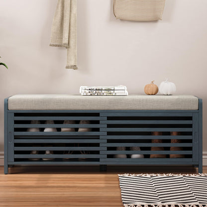 Ball & Cast Entryway Storage Bench with Shutter Doors, 43.3" Wooden Shoes Organizer, Modern Movable Upholstered Seat Entryway Shoe Rack Cabinet for Hallway Living Room, Navy Blue