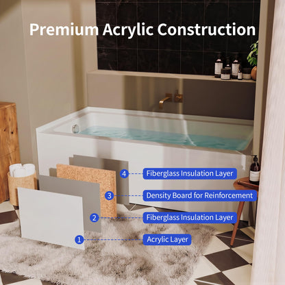 DeerValley 60" x 30" Alcove Acrylic Bathtub, Left Drain Integrated Apron Soaking Bath Tub, Ergonomic Deep Soak Tub with Pop-Up Drain and Integrated Overflow System, White, DV-1T0195L