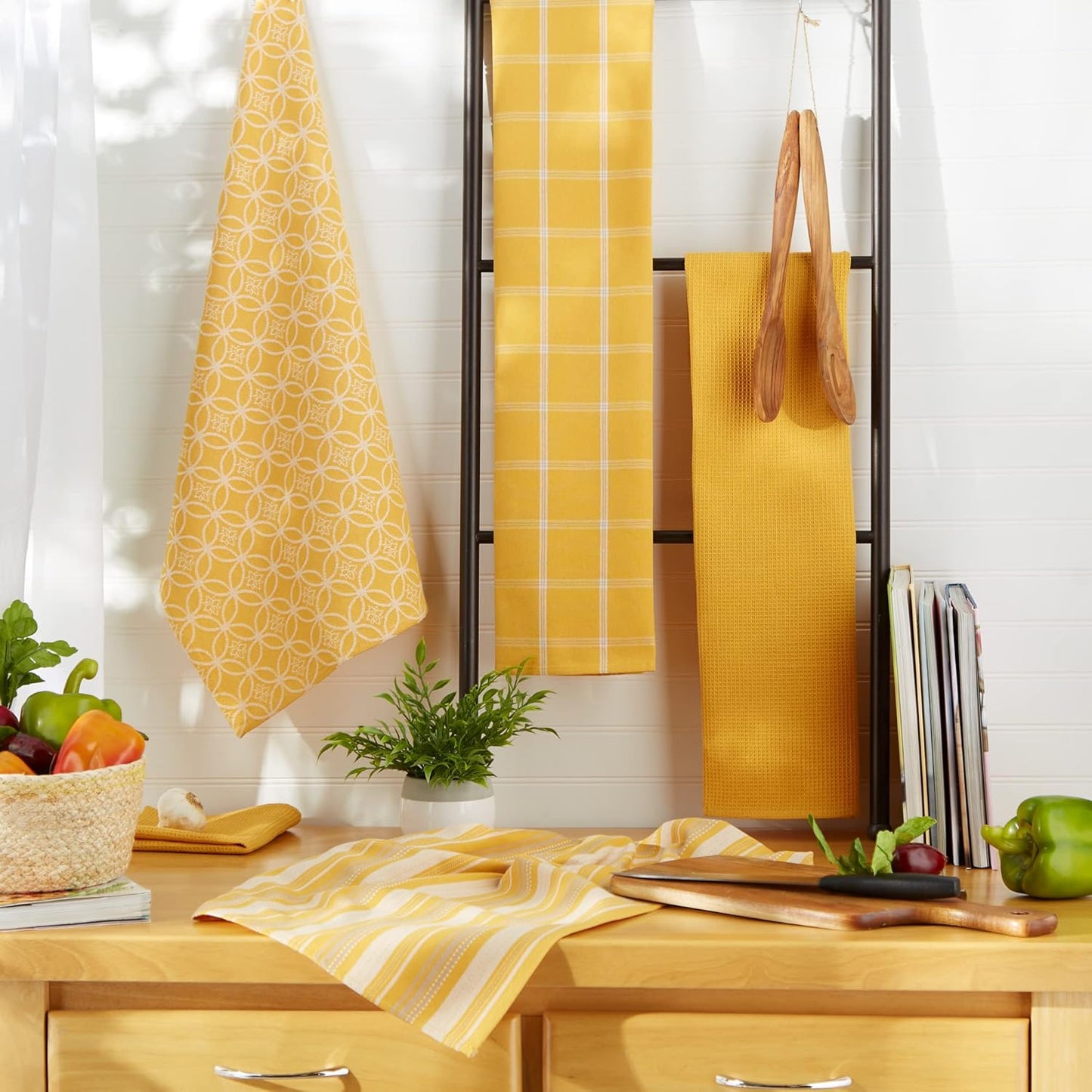 DII Assorted Woven Kitchen Set, 5 Piece - Dishtowel 18x28, Dishcloth 13x13, Mustard