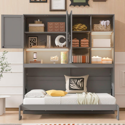 Ball & Cast Twin Size Murphy Bed,Foldable Wall Bed with Top Cabinet,Storage Shelves,Hidden Cabinet Bed Frame with Led Light and USB Port for Bedroom,Guest Room,Space Saving,No Box Spring Needed, Gray