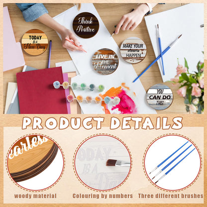 Reallnaive 8 Pcs Inspirational Paint by Numbers Kit for Adults Farmhouse Motivational Coasters with Holder Mini Paint by Numbers Wood Round Oil Painting Drink Coaster for Small DIY Craft Birthday Gift
