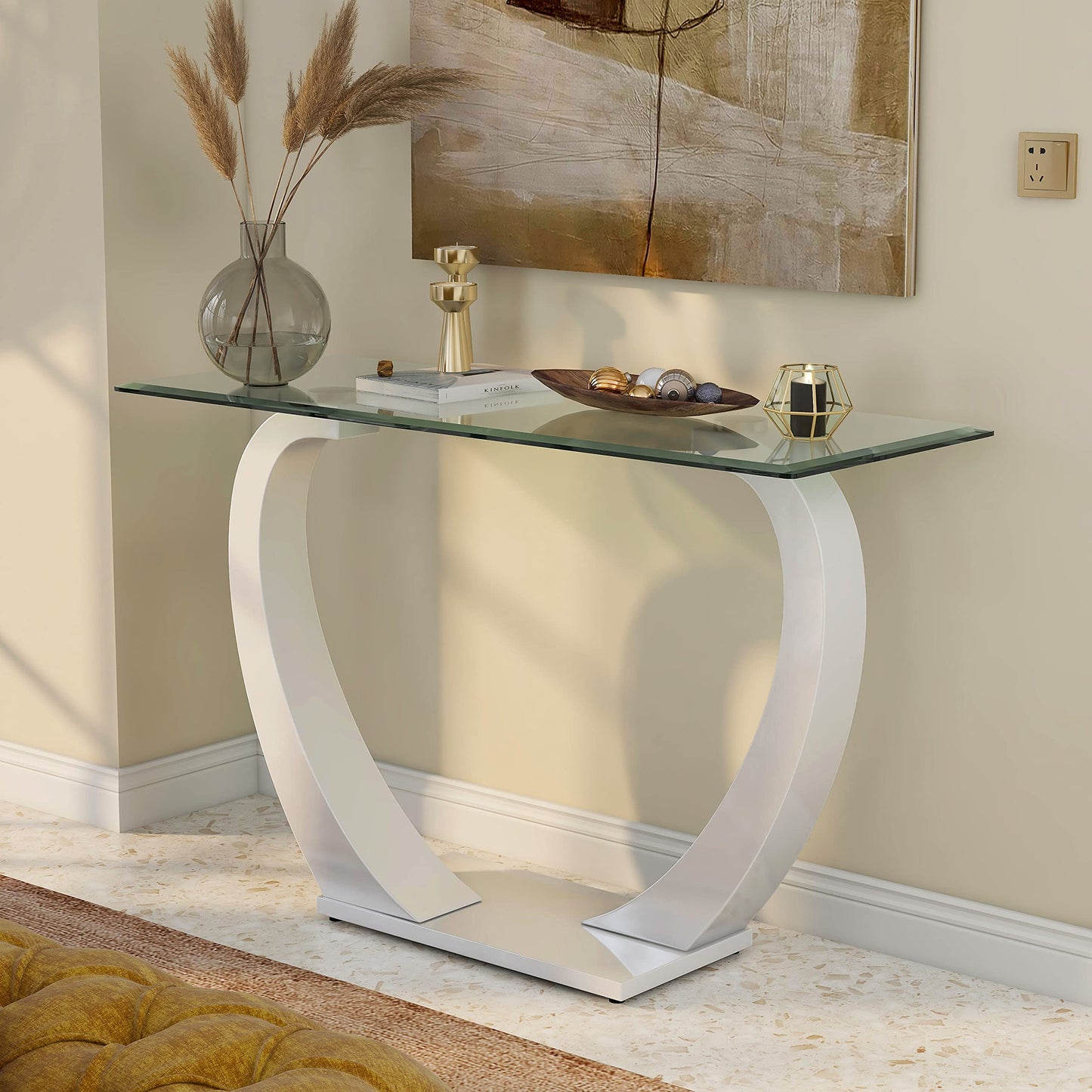 Furniture of America Augie Modern Rectangle Tempered Glass Top 48 in. Sofa Table for Display, Decorate Living Room, Hallway, Bedroom, Dressing Room, White
