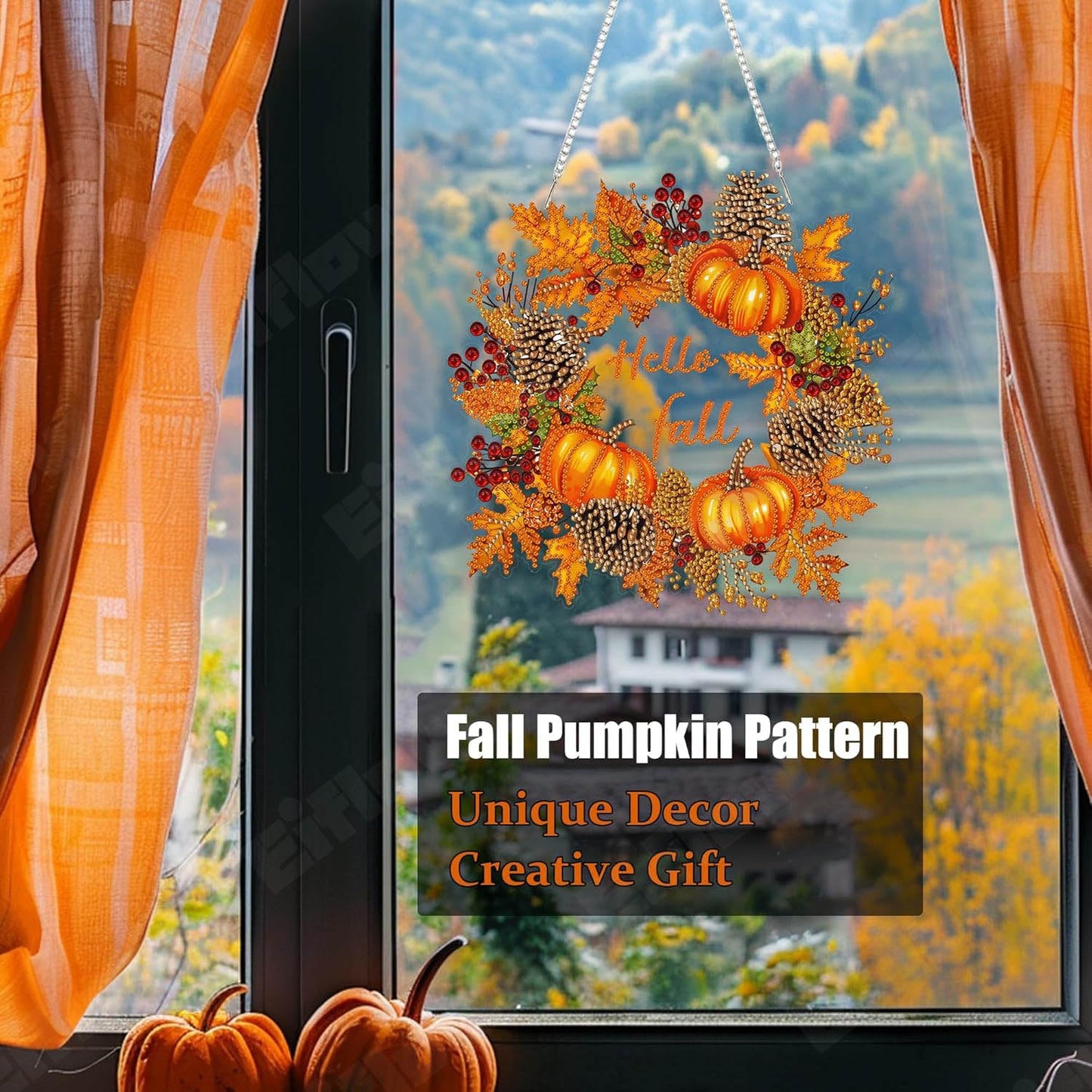 Eiflow Fall Diamond Art Hanging Kit for Adult Pumpkin Wreath, DIY Acrylic Diamonds Painting Ornament Double Sided Pendant Board Kit(Hello Fall)