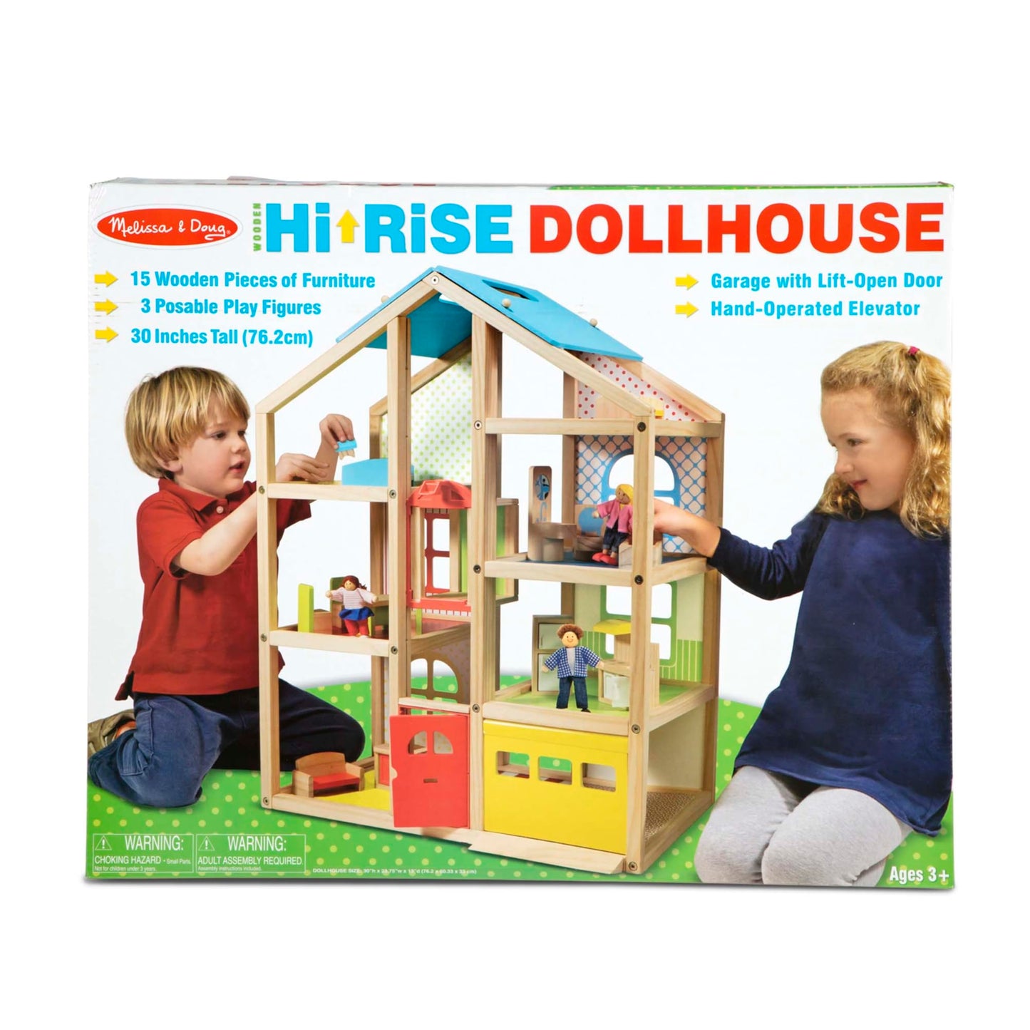 Melissa & Doug Wooden Hi-Rise Dollhouse with 15 Furniture Pieces, Garage, Working Elevator Preschool Dollhouse for Kids Ages 3+