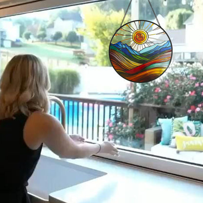 ZZHAOYI Sun Mountains Stained Glass Window Hanging, 7.9'' Sun Catchers Indoor Window Boho Wall Art Decor with Chain, Hand Painted Sun Catcher Gifts for Couples, Women