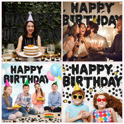 Charnoel Black Happy Birthday Balloons Decorations Happy Birthday Letter Balloons Banner Set with 24pcs Round Flameless LED Candles and 2000pcs Artificial Rose Petals for Women Men Room Party Decor