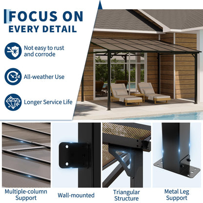 10x12ft Lean to Gazebo with Polycarbonate Hardtop Roof - Hardtop Wall Pergola, Aluminum Frame Wall Mounted Gazebo for Patio, Deck, Yard, Garden & Party Shade