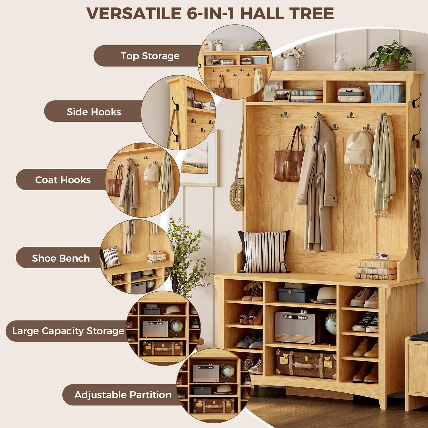 IRONCK Hall Tree with Bench and Shoe Storage, 6-in-1 Entryway Bench with Coat Rack, Adjustable Shelf, Hanging Hooks, 11 Shoe Cubbies, 2-Tier Top Storage, for Entryway, Bedroom, Living Room, Oak