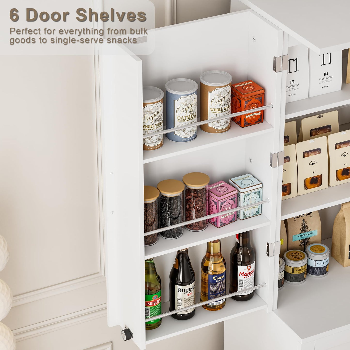 HQZX 71’’ Tall Kitchen Pantry Cabinet, Pantry Storage Cabinet with 6 Doors Shelves, Large Drawer & 2 Pull Out Shelves, Freestanding Cupboard for Kitchen, Dining Room, White
