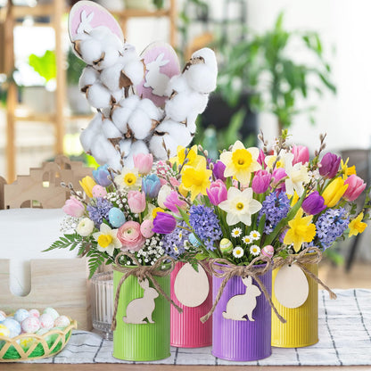 Ferrochef 8 Set Farmhouse Vase Decor with Wooden Cutouts Metal Pots with Blank Unfinished Wood Ornaments Rustic Table Centerpiece Craft for Spring Home Party
