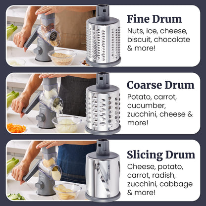 Elite Gourmet EFP593 Rotary Cheese Grater with 3 Stainless-Steel Blades for Slicing, Shredding & Fine Shredding, Strong Suction Base, Dishwasher-Safe, Grey