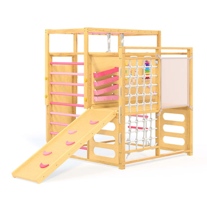 Garvee 9-in-1 Indoor Jungle Gym, Montessori Wooden Indoor Playground for Kids 2-8, Wooden Climbing Structure with Slide, Monkey Bars, Rope Ladder, Rock Wall, Climbing Net, Rings - Natural Wood Pink