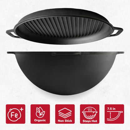 Camping Dutch Oven Pot with Grill Lid Brizoll 15.85 Quarts (15 L) - Cast Iron Cookware Set - Kazan for Plov - Uzbek Kazan Cast Iron - Premium Camping Cookware - Asian Cauldron - Dutch Oven With Frying Pan Lid