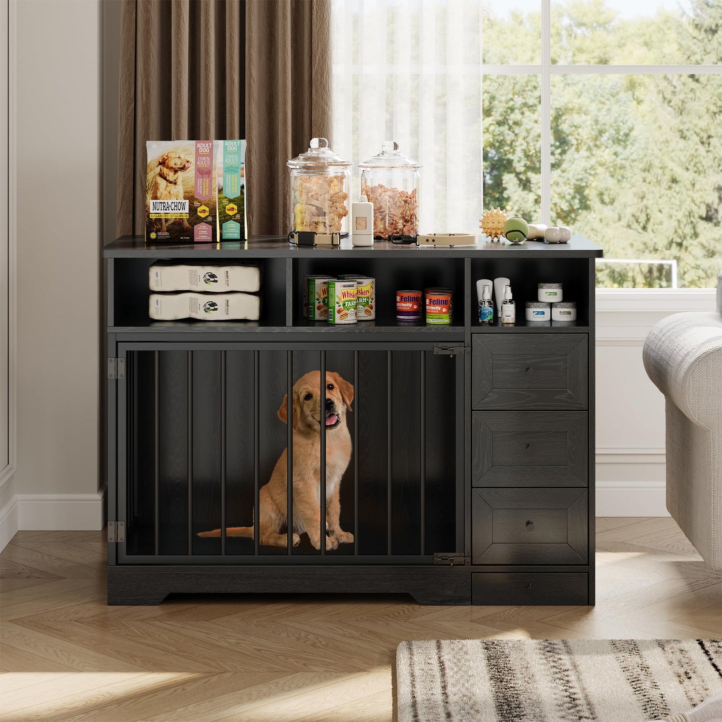 GarveeLife 48'' Dog Crate Furniture, Farmhouse Heavy Duty Dog Kennel with Bowl & Storage Drawers, Medium Dog Cage End Table for Small Medium Dogs, Black