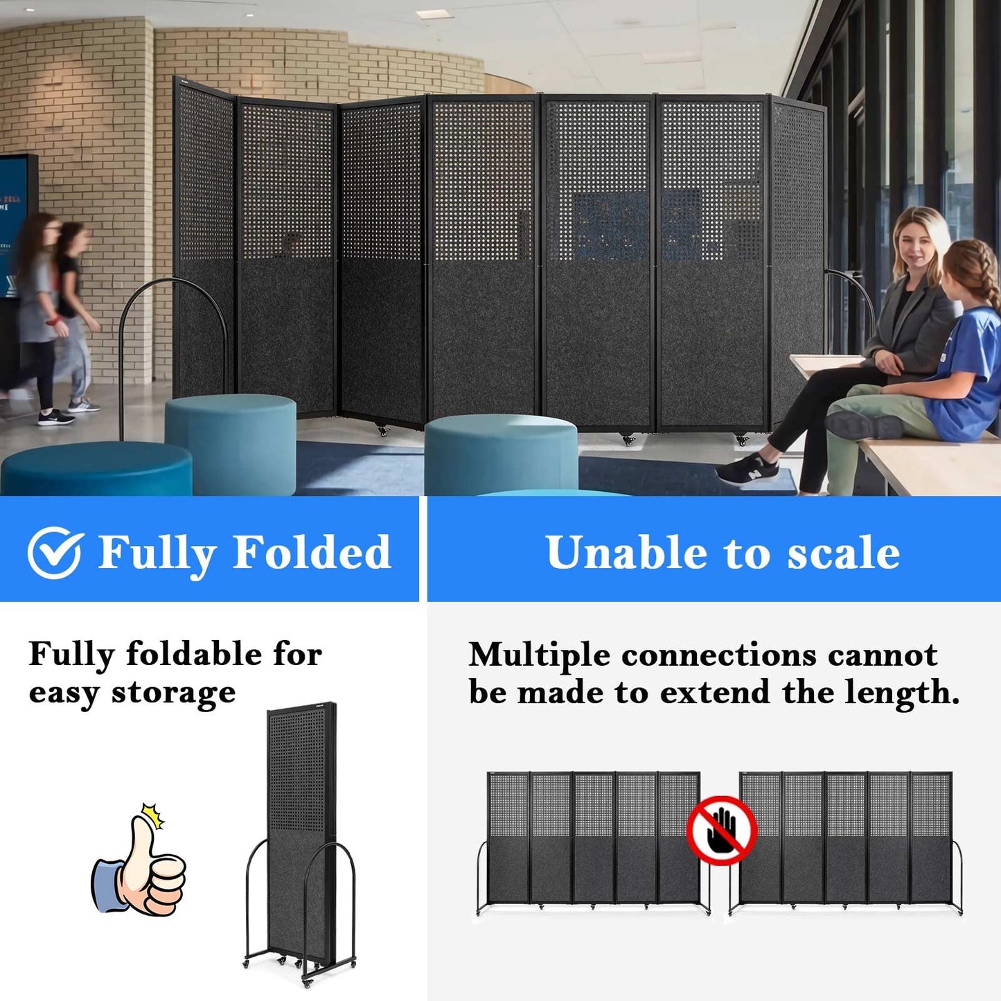 Folding Room Partition,Freestanding Privacy Divider,Portable Office Divider Wall,Commercial Space Partition Screen,Perforated Felt Panel Design,14'3"L* 6'7"H,7 Panel,Dark Grey