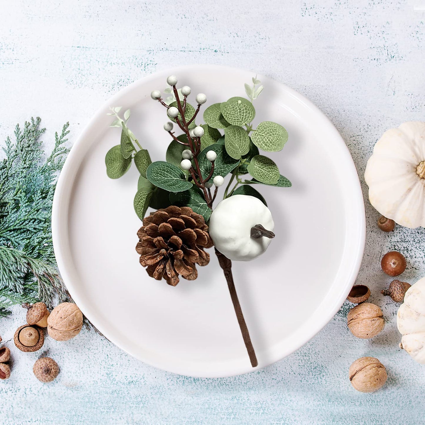 Adurself 12PCS Greenery Stems Artificial Eucalyptus Leaves Fall Picks with White Pumpkin Pinecones for Wedding Table Decor Autumn Thanksgiving Day Flower Arrangements Wreaths Indoor Outdoor Home Decor