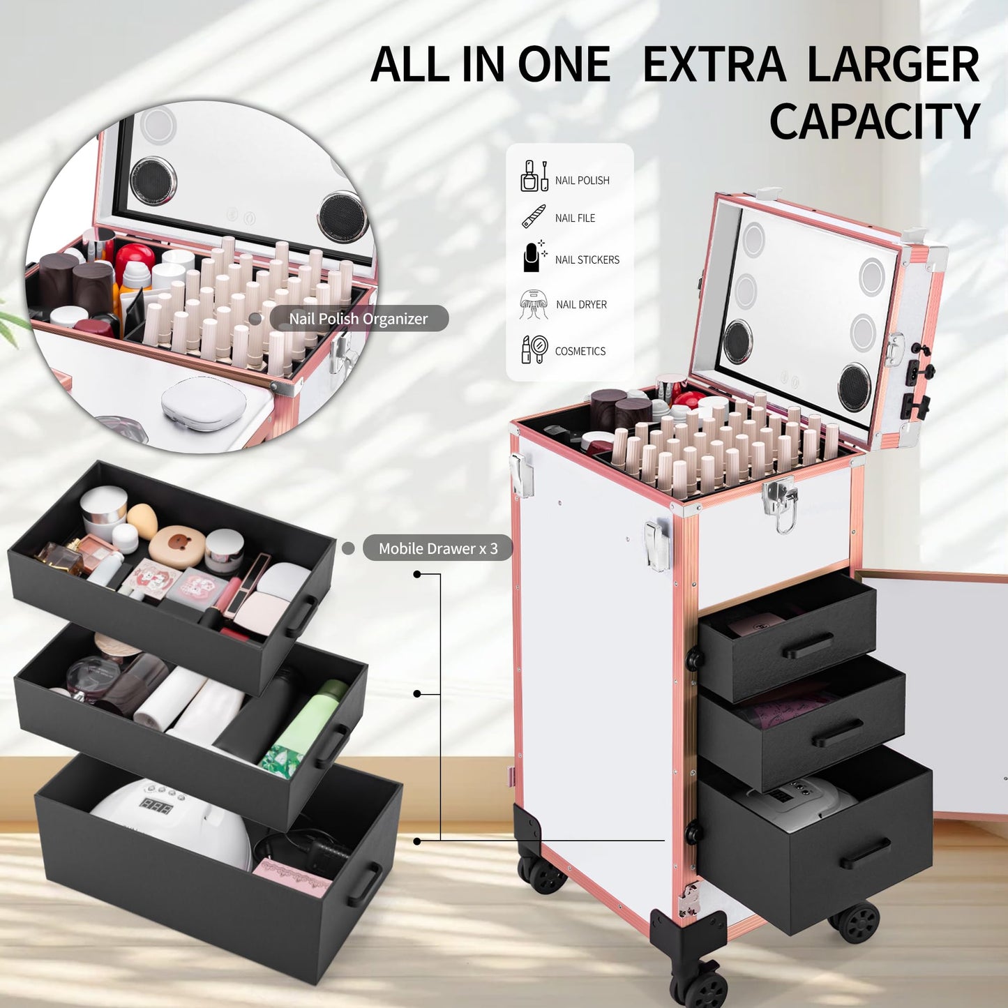 ZhenGuiRu Portable Manicure Table 3 Drawers, Rolling Lockable Makeup Train Case with Blueteeth Speaker and Nail Polish Organizer, Foldable Nail Desk with Mirror & TSA Lock for Nail Tech and Salon Use
