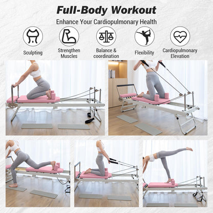 Pink Foldable Pilates Reformer Machine for Home Gym, Professional Workout Equipment with 5x18lb Springs for Beginners & Advanced Users,Quiet Home Pilates Equipment
