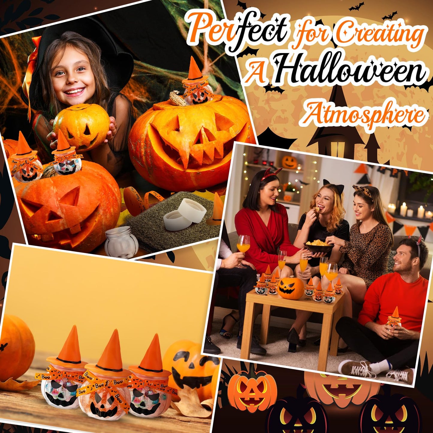 Acellegic 16 Sets Halloween Pumpkin Candy Jars Halloween DIY Craft Pumpkin Party Favors Trick or Treat Kit Plastic Cookie Candy Jars with Lids Witch Hat Stickers Mesh Ribbon Glue Decoration(Orange)