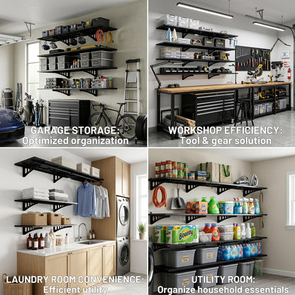 Cuguords 4-Pack 2x3ft Wall Storage Shelves, 1000 Lbs Garage Wall Shelf, Heavy Duty Floating Tool Rack With Complete Install Kit, Black