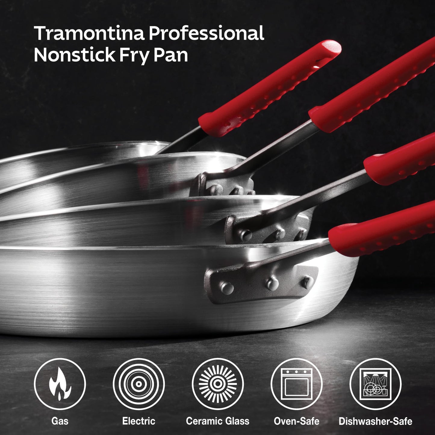 Tramontina Professional 12-Inch Non Stick Large Frying Pan, Heavy-Gauge Aluminum Skillet with Reinforced Nonstick Coating, Red Handle, Dishwasher and Oven Safe
