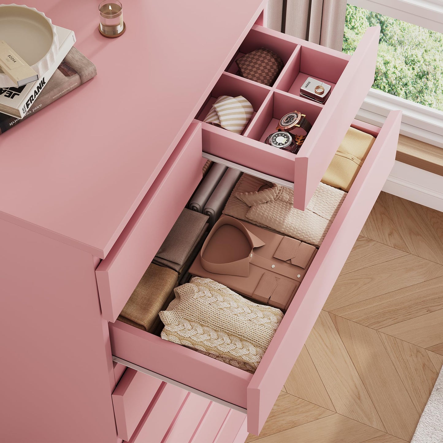 Jocoevol Pink Tall 8 Drawer Dresser for Bedroom,Dressers & Chests of Drawers with Jewelry Storage,Wood Storage Dresser with Deep Drawers for Living Room Hallway Entryway(55.3" L*23.6" W*15.7")
