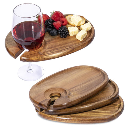 YEWBEE Wine Glass Holder Plates – Acacia Wooden Appetizer & Snack Plates for Party, Wine & Cheese Mini Charcuterie Boards, Set of 4 – Great Gift for Wine Lovers