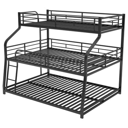 Bellemave Heavy Duty Triple Bunk Bed for Multiple Kids,Twin XL Over Full XL Over Queen Size Triple Bunk Bed with Long and Short Ladder for 3 Kids,Unique Curved Metal Frame,Black