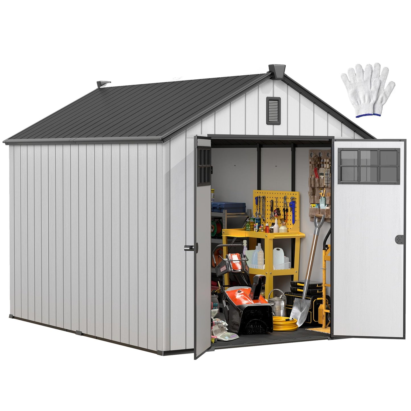 YITAHOME 8x10ft Outdoor Plastic Storage Shed with Floor, Extra Thick Waterproof Garden Shed with Lockable Door, Oval Vision Windows &Vents, 16mm Heavy Duty Tool Storage for Patio, Lawn, Gray