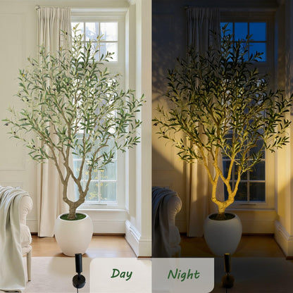 Bellacat 7ft Faux Olive Tree with Warm White Spotlight & 15''D x 13.5''H Large White Planter, 84in Fake Olive Tree with Lifelike Leaves& Fruits, Artificial Olive Tree Indoor for Home & Office Decor
