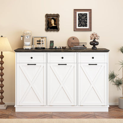 Triple Tilt-Out Trash Can Cabinet, 39 Gallons Wooden Kitchen Garbage and Recycling Bin with 3 Hideaway Drawers, Power Outlets, Pet Proof - Freestanding Laundry Hamper Storage for Bathroom, White