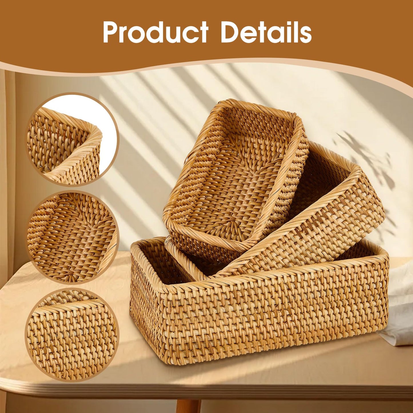 Whalehub Natural Rectangular Rattan Storage Baskets (Set of 3), Hand Woven Food and Fruit Serving Baskets, Wicker Organizer for Living Room, Bedroom, Kitchen