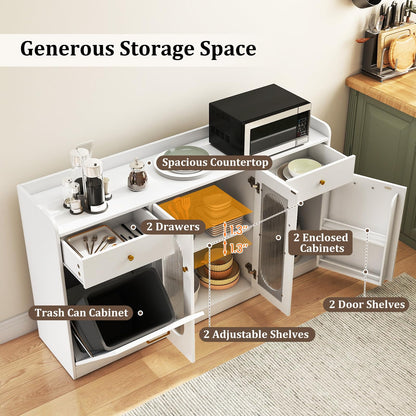 Giantex 55" Farmhouse Buffet Cabinet, Large Credenza w/Hidden Tilt Out Trash Can, 2 Glass Doors, 2 Drawers & Adjustable Shelves, Modern Sideboard Coffee Bar Cabinet for Kitchen, Dining Room (White)