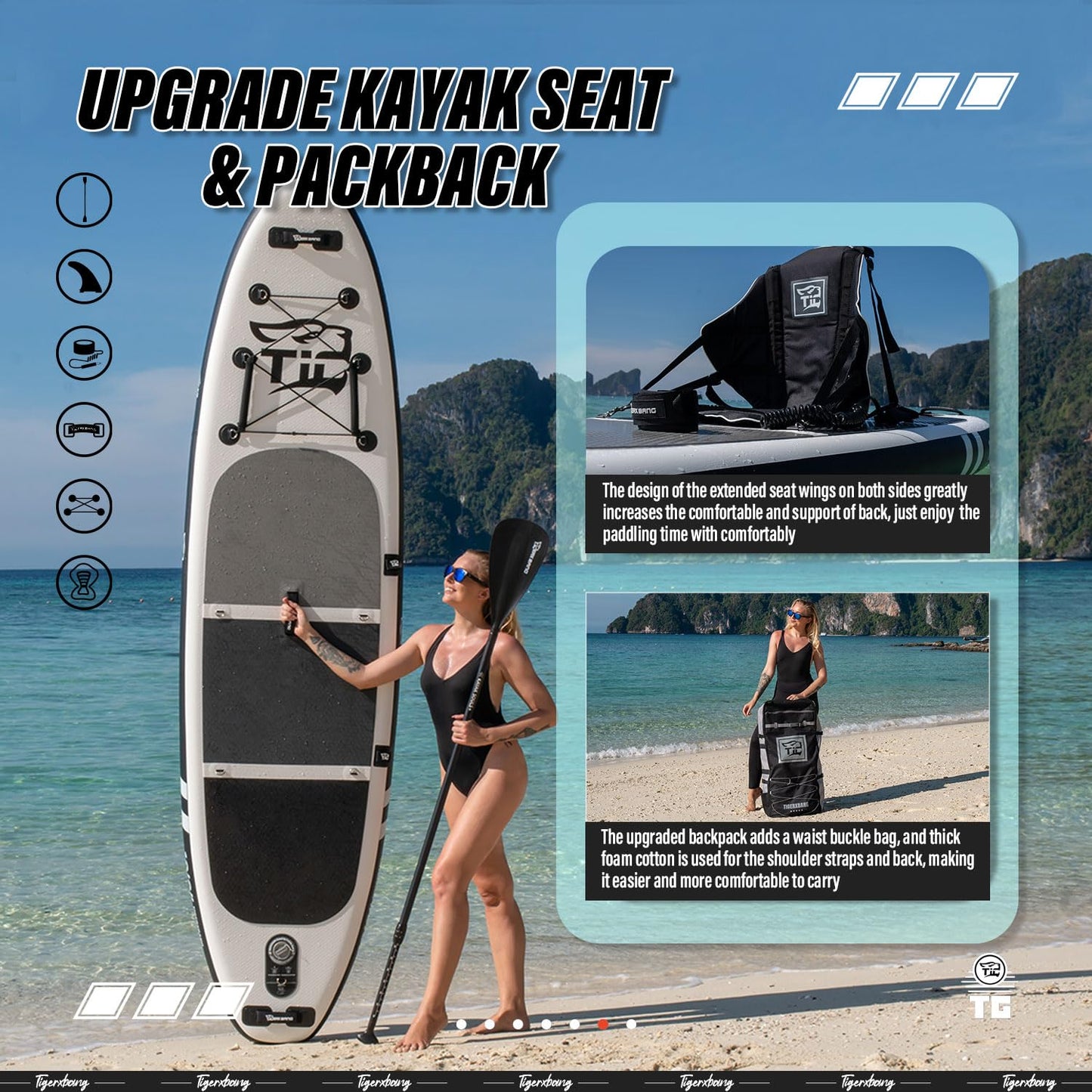 TIGERXBANG Stand Up Paddle Boards 10'6" x 32" x 6" with Premium SUP Board Accessories, Inflatable Paddle Boards for Adults/Kids with Double-Bladed Paddle, Kayak Seat, Defender-Pro Black