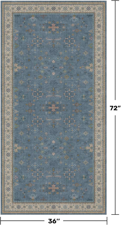 Washable 3x6 Throw Rug - Blue Non-Slip Indoor Rug for Kitchen, Entryway, Bedroom | Boho Modern Décor
