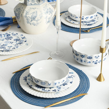 Stone Lain Fiore 24-Piece Dinnerware Set New Bone China, Blue