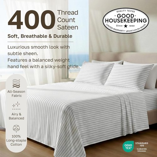 California Design Den Queen Size Bed Sheets Set - 100% Cotton, 400 TC, Smooth Sateen Finish, Deep Pockets, Pinstripe