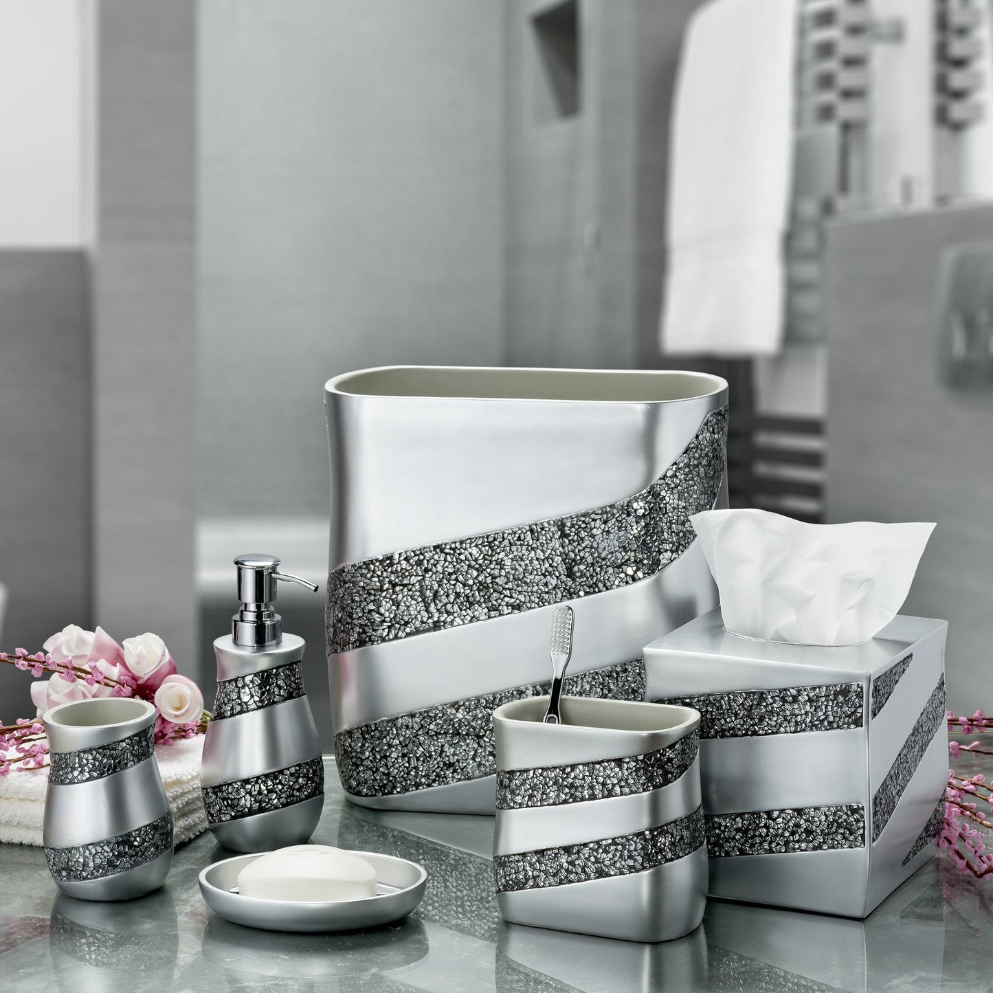 Creative Scents Silver Mosaic Liquid Soap Dispenser For Bathroom - Decorative Lotion Dispenser - Bling Countertop Soap Dispenser For Liquid Soap And Lotion With Durable Metal Pump (Silver-Gray)