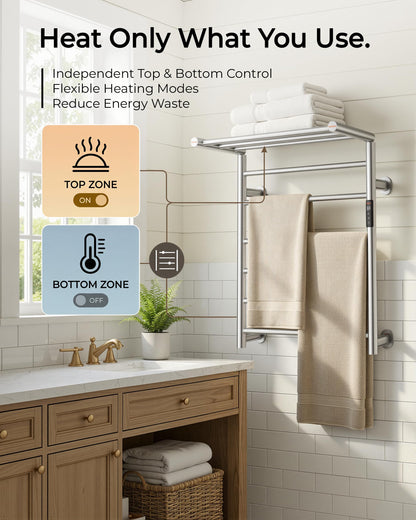 Caldayx Foldable Heated Towel Rack, Smart Dual-Zone App & Voice Control Electric Towel Warmer Rack, GFCI Plug-in/Hardwired, Wall-Mounted, Drill-Free Install, Brushed, CA3-900X550-Pro-S