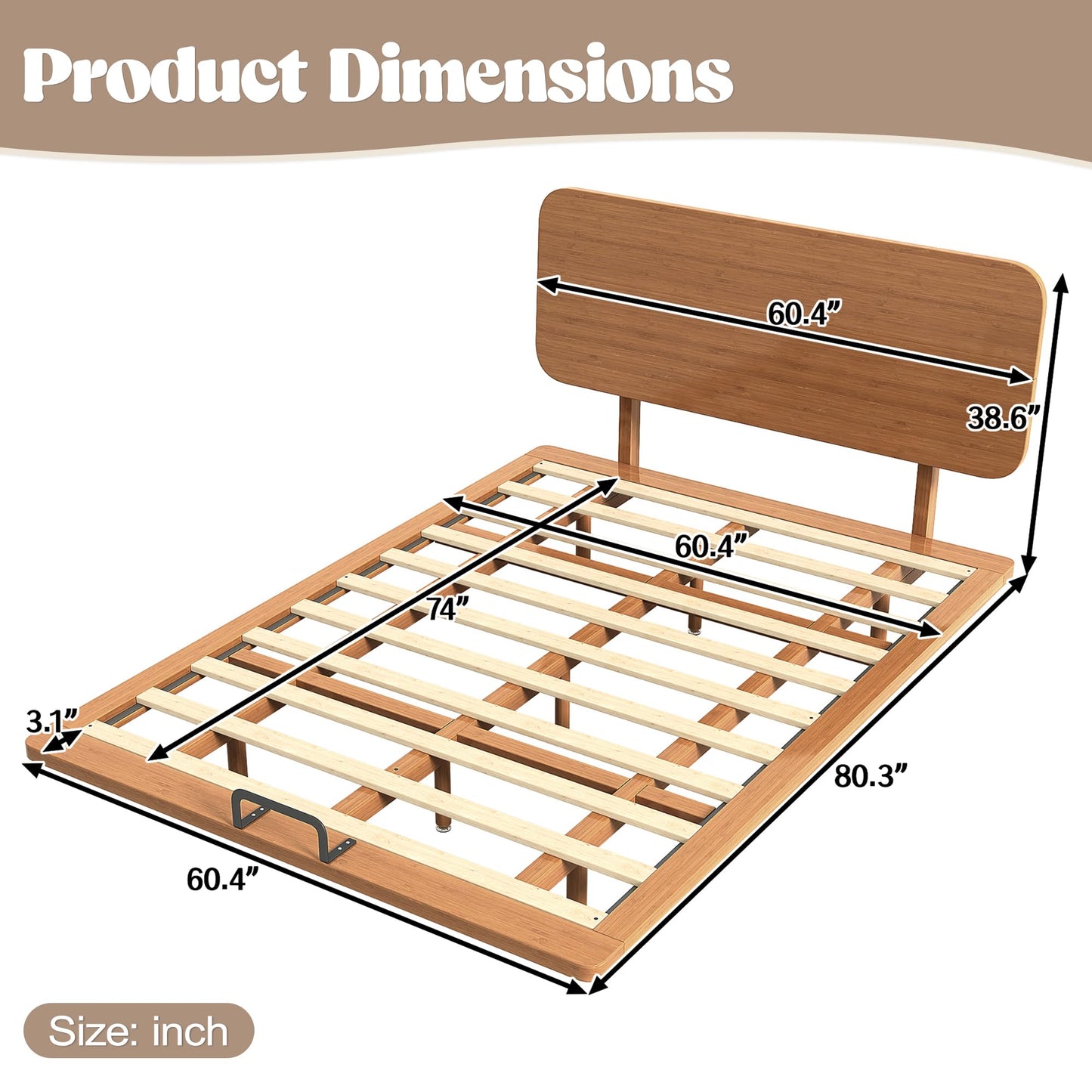 KEIKI Queen Size Bamboo Platform Bed with Headboard and USB Ports, Mid-Century Modern Floating Bed Frame with Solid Support Slats, No Box Spring Needed, Easy Assembly, Noise Free, for Bedroom, Brown