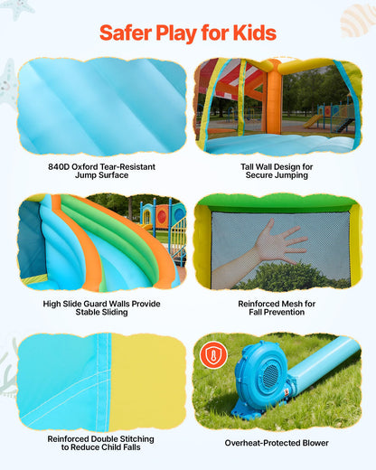 VEVOR Bounce House for Kids, Inflatable Bounce House with Air Blower, Water Slide, Bouncer Castle with Castle Bounces, Tall Slide, Splash Pool & Pretend Market Booth, for 3 to 4 Kids Ages 3 to 8