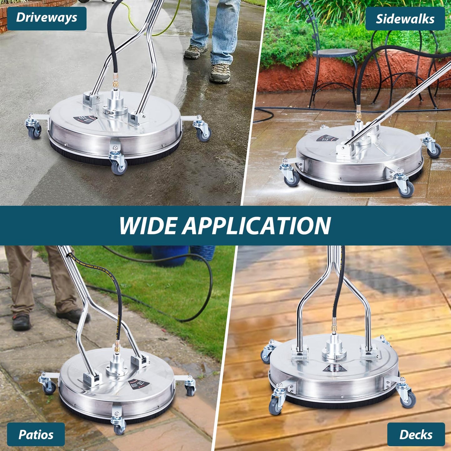 Pressure Washer Surface Cleaner w/Handles & Wheels, Stainless Steel Concrete Cleaner 4000 Max PSI, 3/8" Connector & 1/4" Adapter Power Washer Floor Attachment for Driveways, Sidewalks,Patios,Deck