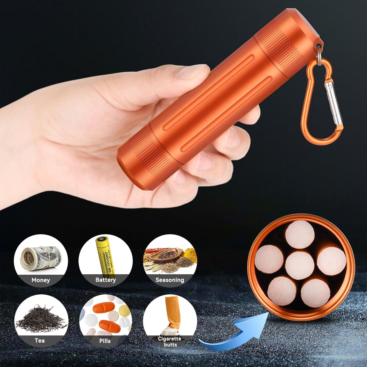 Airtight Stash Jar - Durable Smell Proof Aluminum Container with Carabiner for Herbs, Spices, Valuables - Orange