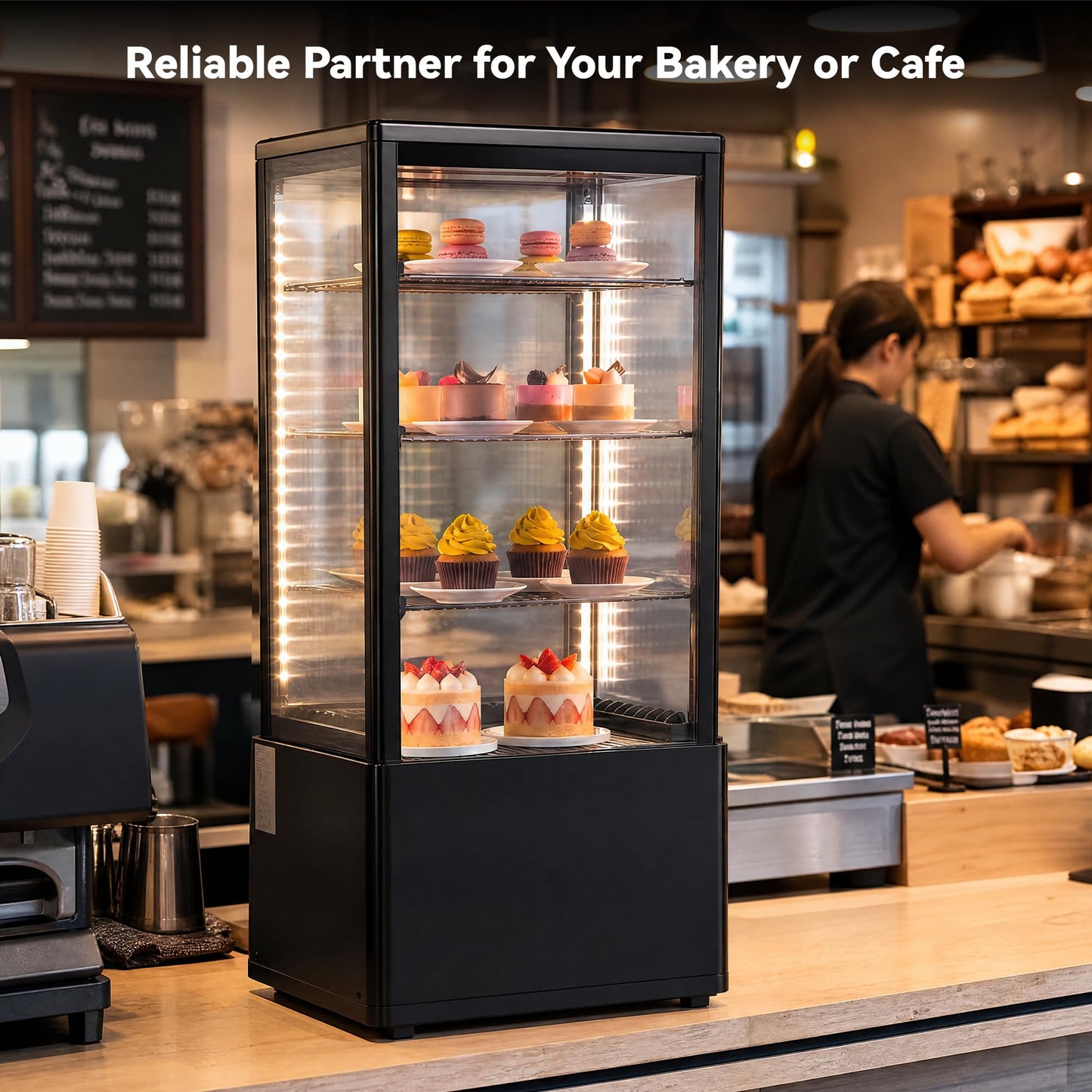Tylza Refrigerated Display Case Countertop, 2.7 Cu.Ft/78L Commercial Display Refrigerator, LED Lighted Showcase, Double Glass Door, 32-54°F, Auto Defrost Air Cooling for Bakery, Cafe, Store