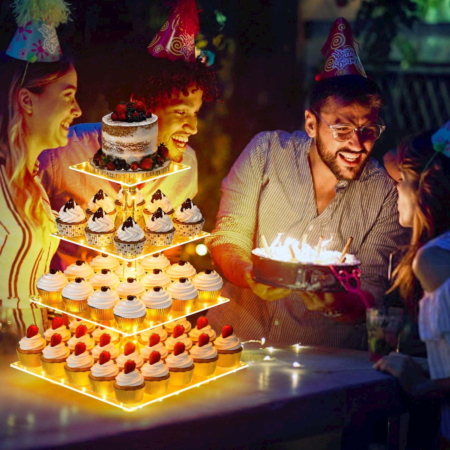 YestBuy 4 Tier Cupcake Stand Acrylic Tower Display with LED Light Premium Holder Dessert Tree Tower for Birthday Candy Bar Décor Weddings, Parties Events (Yellow Light)