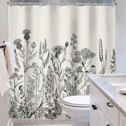 Riyidecor Wild Floral Shower Curtain 72Wx78H, Botanical Flower Plant Art Printed Fabric with Hooks
