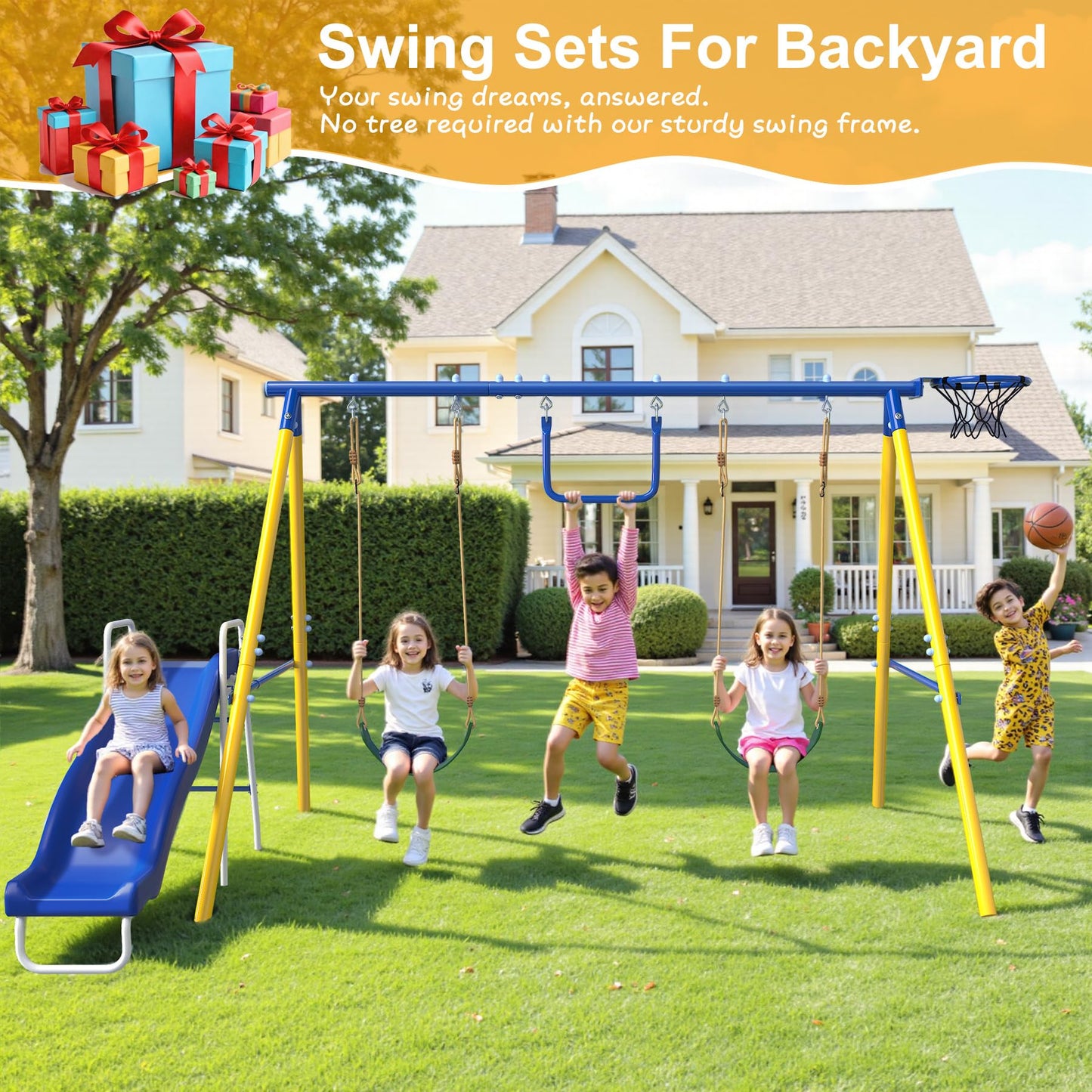 SMkidsport Heavy-Duty 5-in-1 Metal Swing Set for Backyard, Outdoor Playset for Kids 3-12 with Slide, 2 Swings, Basketball Hoop & Gymnastic Rings, Easy Assembly