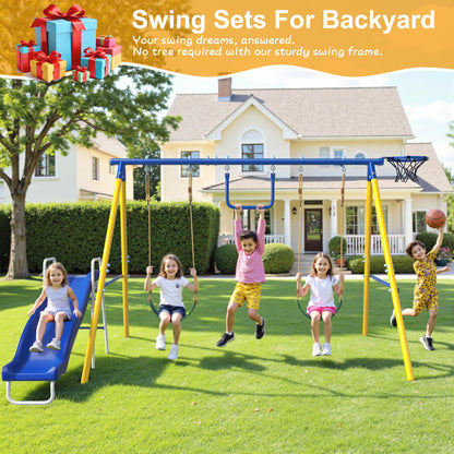 SMkidsport Heavy-Duty 5-in-1 Metal Swing Set for Backyard, Outdoor Playset for Kids 3-12 with Slide, 2 Swings, Basketball Hoop & Gymnastic Rings, Easy Assembly