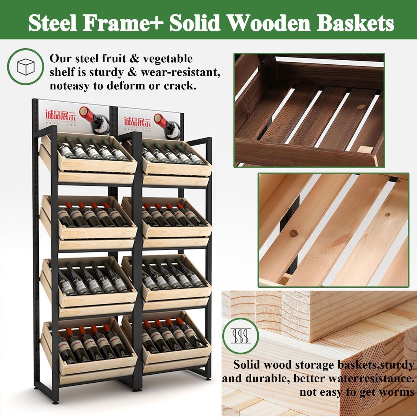 3/4 Tier Solid Wood Kitchen Shelf Rack for Fruits & Vegetables, Large Display Stand for Commercial Supermarket Use, Multi-layer Storage Organizer for Potato, Onion(F-4 Tier)